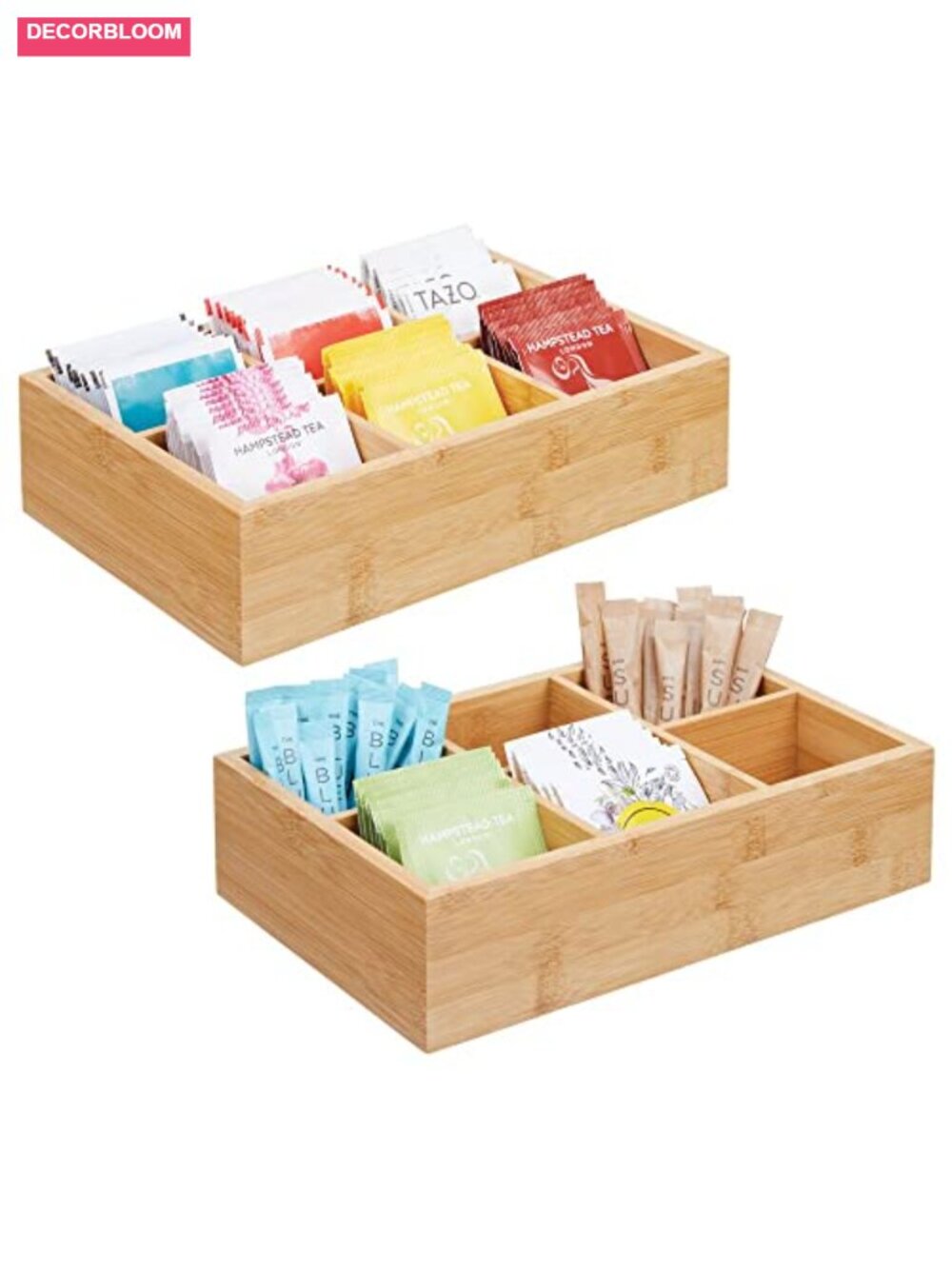 Bamboo Tea & Food Storage Organizer Box Set of 2 with 6 Compartments